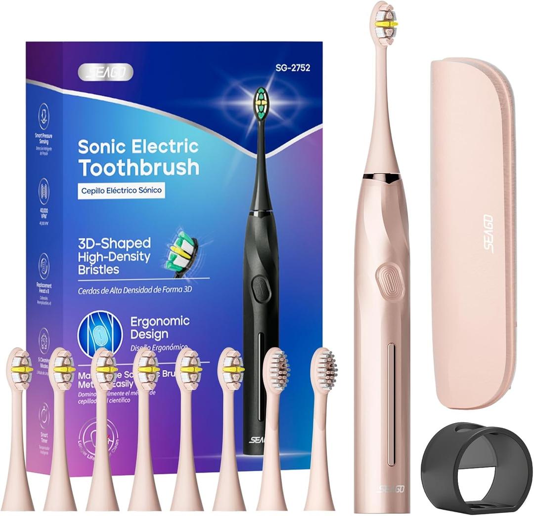 SEAGO Electric Toothbrush with 8 Soft Bristle Heads for AdultsPressure Sensor, 5 Modes with 2 Minutes Build in Smart Timer,Rechargeable Travel Toothbrush with Brush Hold and Travel Case(2752Pink)
