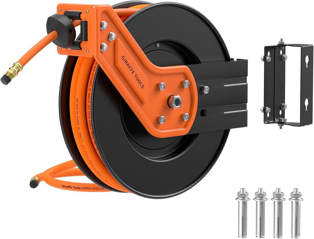 Giraffe Tools TA15 Retractable Air Hose Reel Swivel 3/8" x 50 ft Hybrid Hose, Max 300 PSI, Ceiling/Wall Mounted Heavy Duty Industrial Commercial Air Compressor Hose Reel, 50ft, Tangelo
