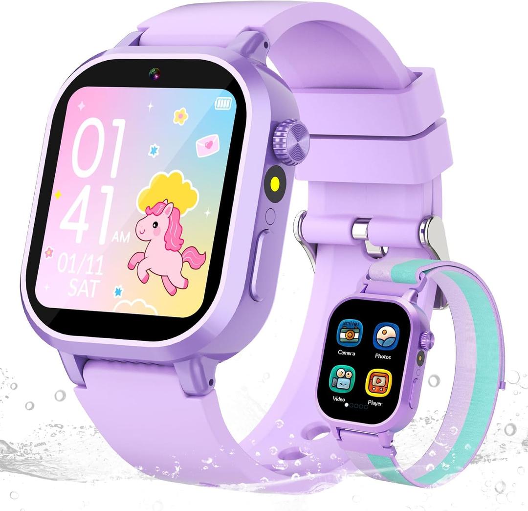 Kids Waterproof Smart Watch Girls Gift Age 3-12 with 39 Game HD Touch Screen Music Player Video Camera Pedometer Alarm Clock Toys Birthday Gifts for 6 7 8 9 Year Olds Purple