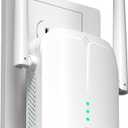 WiFi Extender Signal Booster Up to 9000sq.ft and 50 Devices, WiFi Range Extender, Wireless Internet Repeater, Long Range Amplifier with Ethernet Port, 1-Key Setup, Access Point, Alexa Compatible (Off-White)