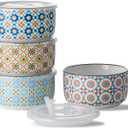 Ceramic Bowls Set with Lid: Microwave Safe Soup Containers for Meal Prep, Cereal, Salad, Picnic, Camping, Office Lunch, Kitchen Food Storage - 5 Inch, 20 oz, 4 PCS, Design C