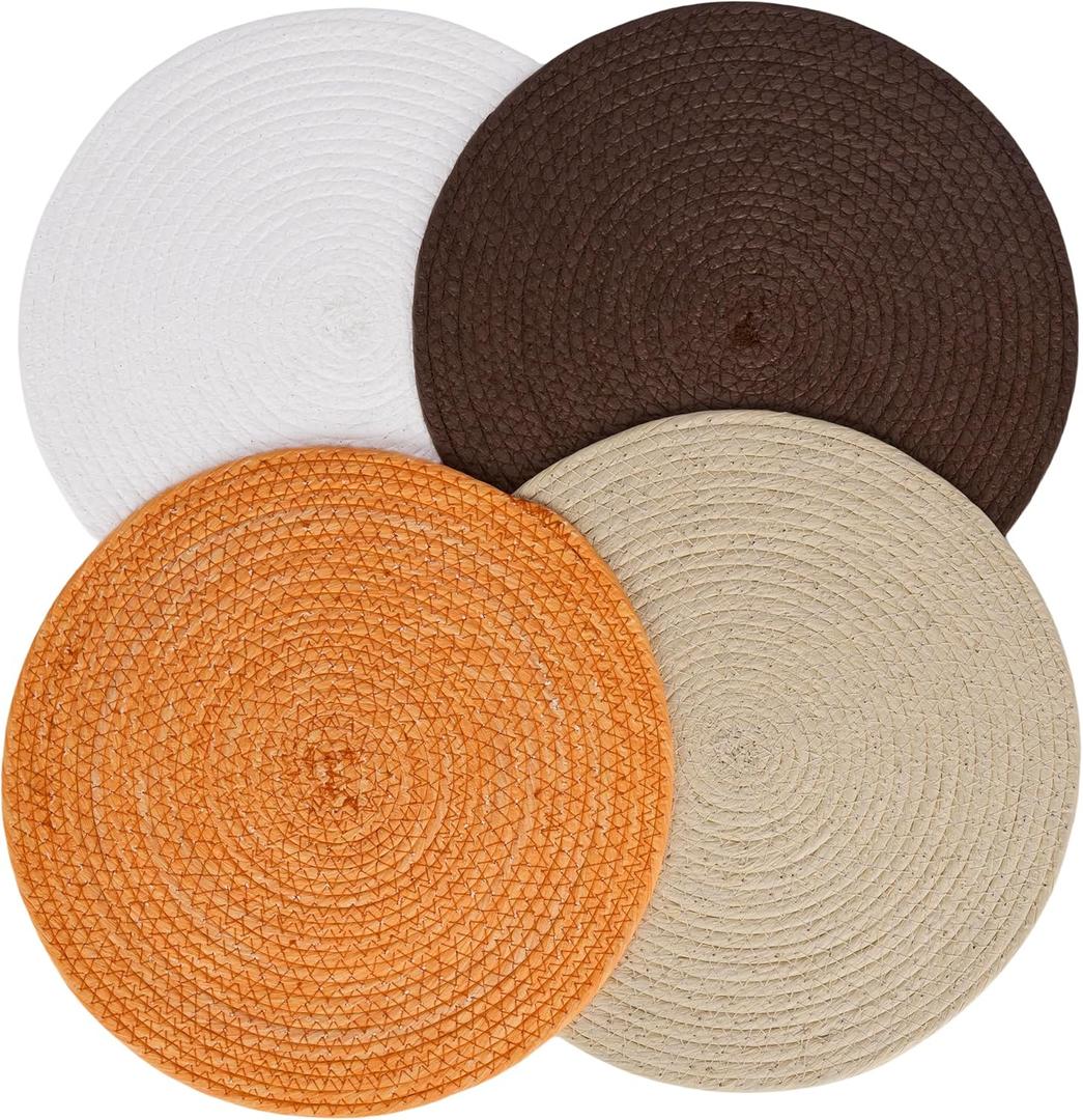 Defined Deco13 Inches Round Woven Placemats Set of 4 for Kitchen Dining Table, Trivets for Hot Pots and Pans, Boho Placemats Table Decor for Thanksgiving