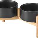 SPUNKYJUNKY Ceramics Raised Dog Bowls with Wooden Stand - Elevated Dog Feeding Set (Double 28.7OZ, Black) (Medium - 3.6 CUPS)