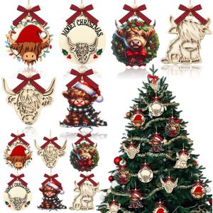 12 Pcs Christmas Highland Cow Ornaments Christmas 3D Highland Cow Wooden Xmas Tree Decorations Hanging Wood Funny Farm Animal Ornaments Gifts for Farmhouse Home Xmas Holiday Crafts Party Supplies