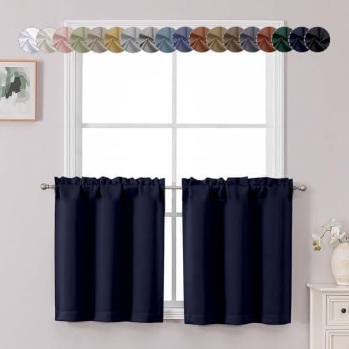 Chyhomenyc Navy Blue Short Blackout Curtains 24 Inch Length, Small Kitchen Curtain Tier Rod Pocket Half Window Curtains for Bathroom Basement Cabinet Camper RV Bunk, 2 PCS, Each 30" Wx24 L