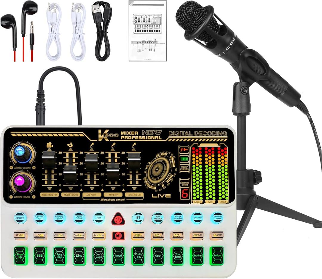 Podcast Equipment Bundle, Basic Audio Interface with Mic and Stand, Denosing, Ducking, Remove Vocals, Loopback, Easy Used Podcast Bundle for KTV,Streaming,Podcasting,YouTube, TikTok(White)