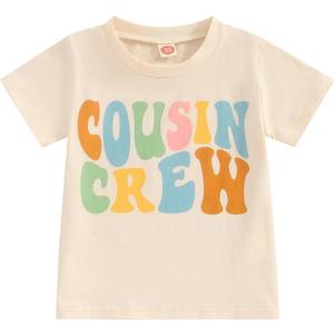 Sibling Matching Outfits for Kids Little Girl Boy Short Sleeve Cousin Crew Shirt Colorful Print Summer Clothes (Beige)