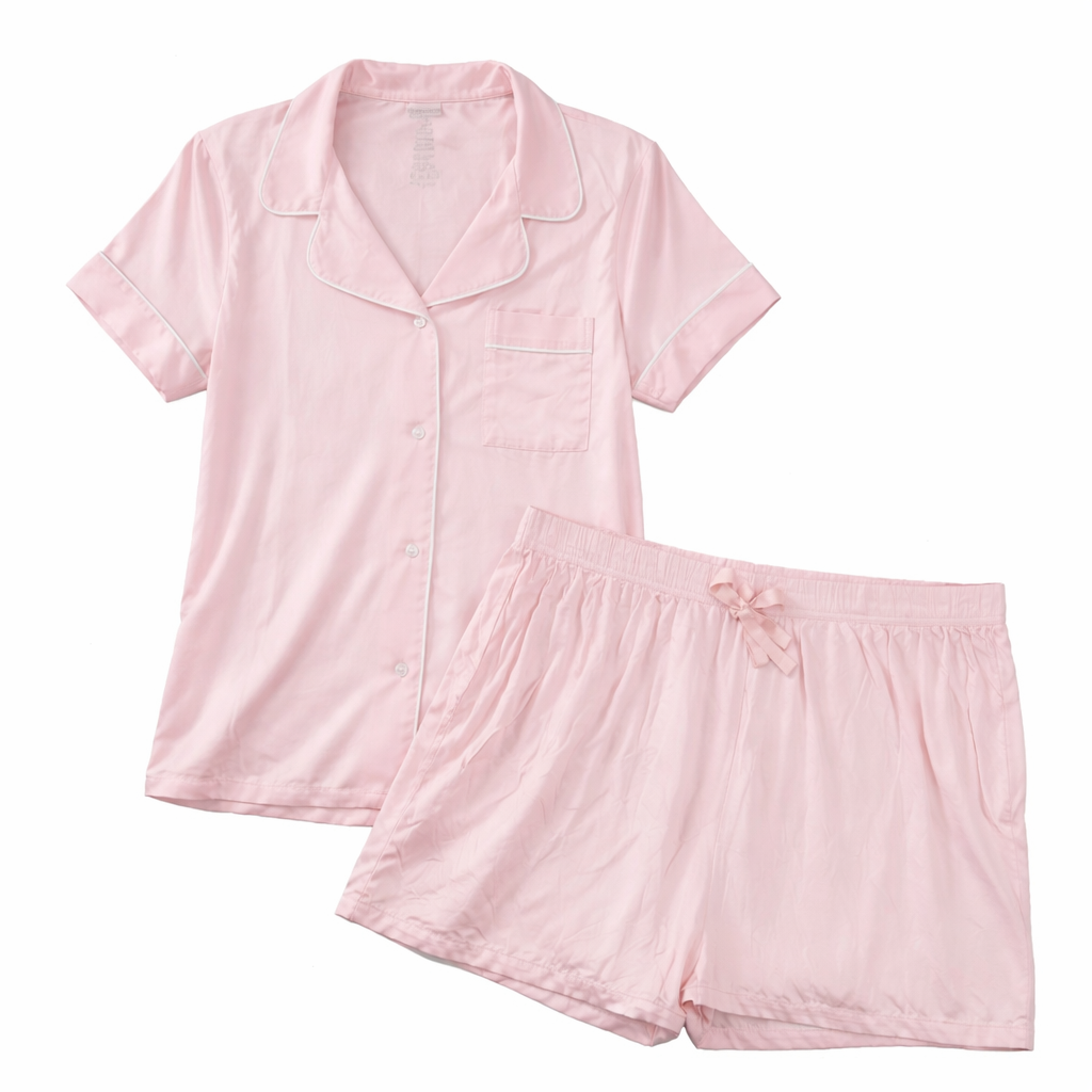 Women’s Pajama Set 3XL – Soft Satin Sleepwear, Short Sleeve Button-Down Top with Shorts, Lightweight & Comfortable Loungewear (Pink)