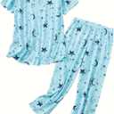 QZH.DUAO Girls & Women's Pajamas Set 100% Cotton PJ Set Button-Down Short Sleeve Sleepwear for Ages 5-14 (11-12 Years, Teal)