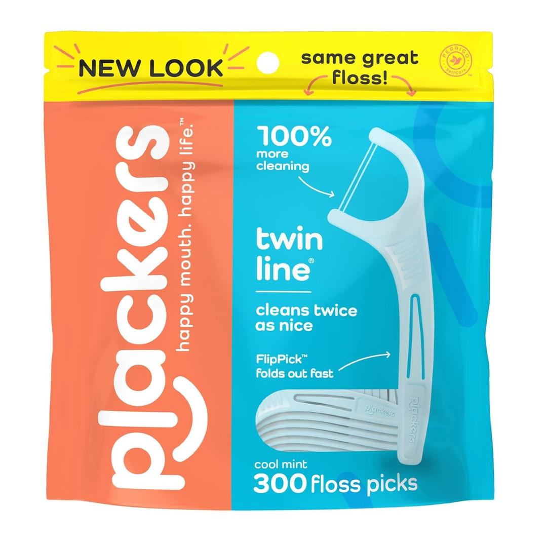 Plackers Twin Line Dental Floss Picks, Dual-Line Tuffloss, Easy Storage, Cool Mint Flavor, 300 Count