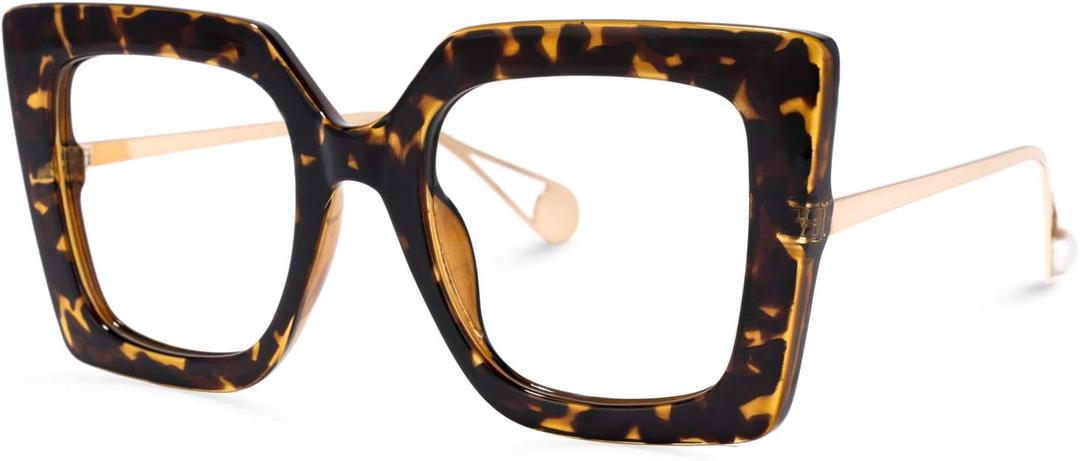 VOOGLAM Square Blue Light Blocking Glasses for Women Oversized Thick Fashion Eyewear with Pearl Inlay Arm Anti Eyestrain UV (Tortoise/Gold)