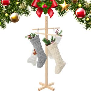 Christmas Stocking Holder Stand Freestanding Wooden Stocking Holder Stand with 4 Hooks, Christmas Stock Hanger Rack for Floor Natural Xmas Holiday Home