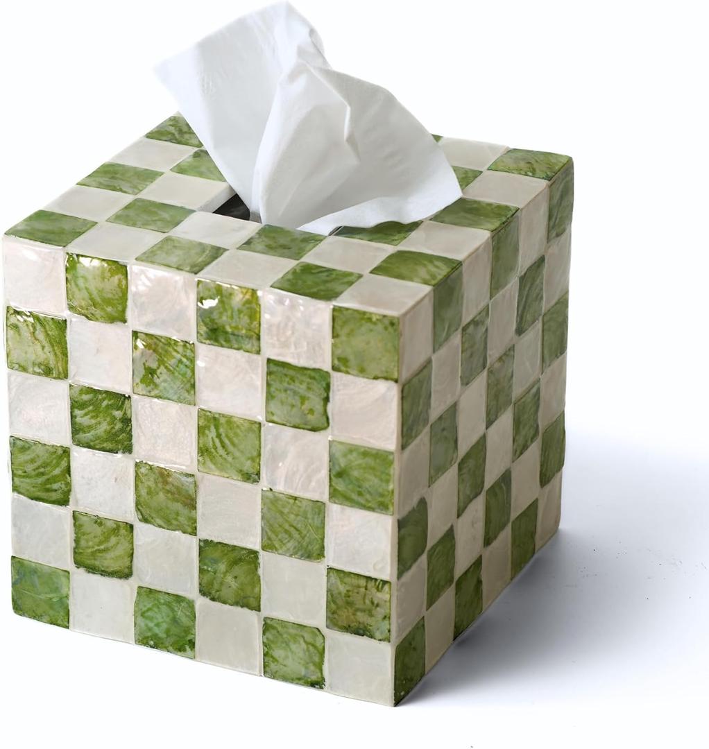 5.7" Square Tissue Box Cover, Handmade Checkered Cube Tissue Box Cover with Capiz Shells, Decorative Tissue Holder for Living Room, Bathroom, Bedroom or Office (Pistachio Green)