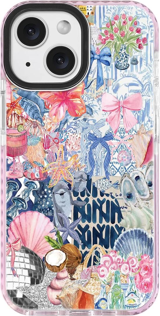 ChiCsFleur for iPhone 13 / iPhone 14 Case, TPU Phone case with Camera Protection for Women Girls Teens - Coastal Collage Pink Bow Disco Ball Y2K Gift Tropical Floral Blue White Aesthetic Unique (MarineOcean)