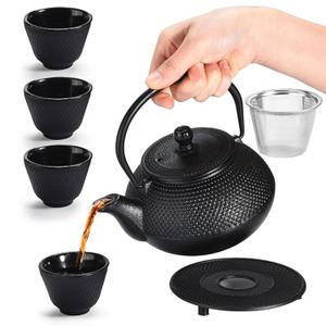 Kitchtic Japanese Coated Cast Iron Teapot Set of 4 - Kettle with Stainless Steel Infuser - Durable Heat Retention Tea Infusers - Japanese Style Kettles Teapots Tea for Home - for Green Tea, Loose Leaf