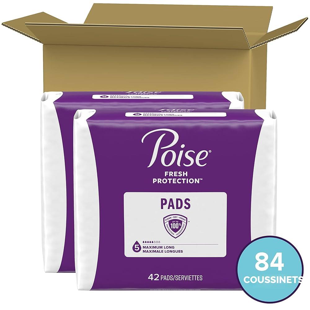 Poise Incontinence Pads, Maximum Absorbency, Long, 84 Count (2 Packs of 42) (Packaging May Vary)