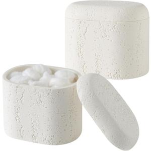 Bathroom Qtip Holder Container, 2-Pack, Travertine Stone Look Storage Jars for Cotton Swabs, Jewelry, Floss Picks, Bathroom Essentials Decor Restroom Vanity Decor (White)