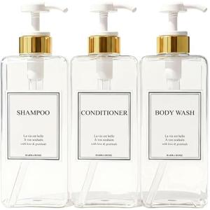 Modern Gold Design 27 oz Shampoo and Conditioner Dispensers - Plastic Refillable Pump Bottle Set for Bathroom Shower Soap Dispenser, Gift Box Included, Set of 3 (Clear & White)