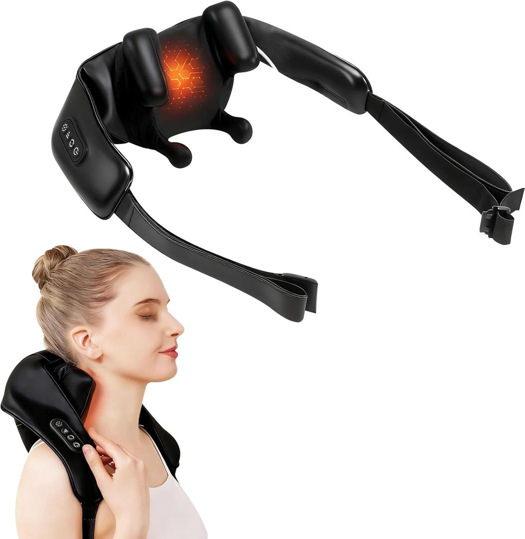 Cordless Neck and Shoulder Massager with Heat, Electric Deep Tissue Kneading for Back Pain, Hands-Free Shiatsu Massage Pillow, Portable for Home, Office, Travel