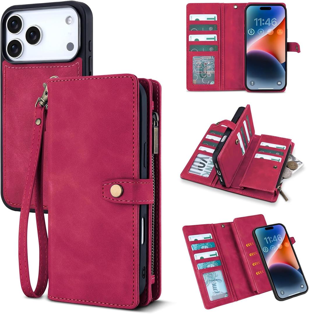 TwoHead Wallet Case Compatible with iPhone 17 Pro Max, Detachable,Magnetic,11 Cards Holder, PU Leather All-Round Protective Phone Case with Change Pocket(6.9 in Red)