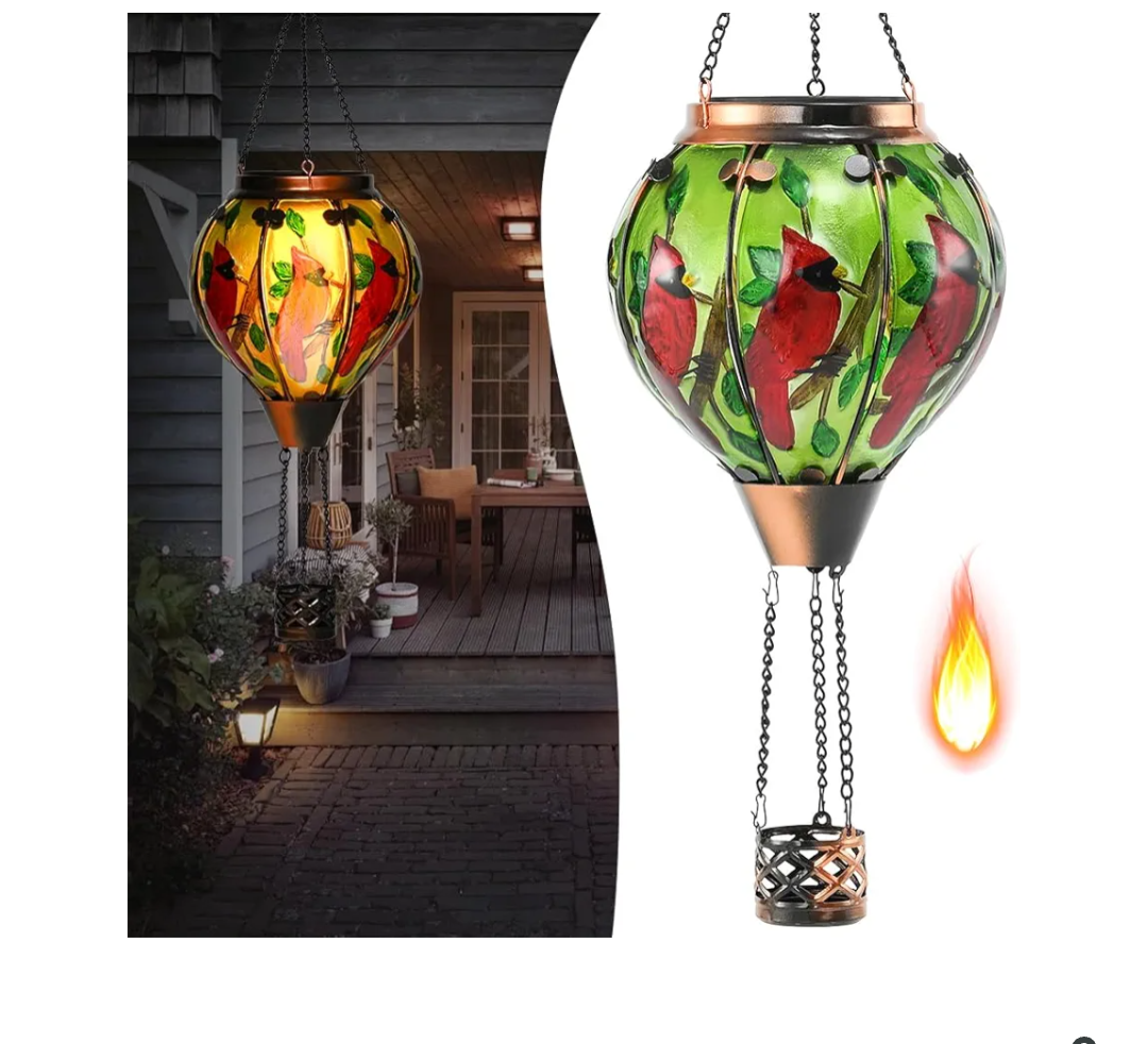 Hot Air Balloon Solar Lantern - Cardinal Bird Glass Lantern, Simulated Flickering & Dancing Flame, Outdoor Hanging Yard Light Waterproof IP65 for Patio Lawn Porch Decor Gift