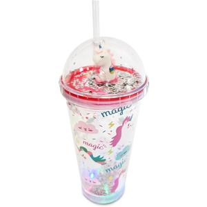Glow Party Cups for Kids Light Up Tumbler Magic Cup with LED Glow in the Dark Water Drinking Bottle 16oz with Lid and Straw (Pink Unicorn)