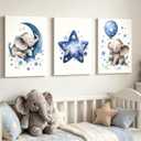 DULASI Set of 3 Gallery Wrapped Canvas Prints, Baby Boy Nursery Decor, Watercolor Moon Star Elephant Wall Art, Ready to Hang Nursery Decorations, Blue Kids Room Wall Art Blue Elephant, 16x24in - Wrapped Canvas