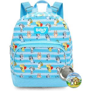 Bluey Mini Backpack - 10" Iconic Woven Small Backpack with Front Pocket and Button Bundle | Adjusts to Fit Kids, Toddlers, Teens, Adults, Boys, Girls
