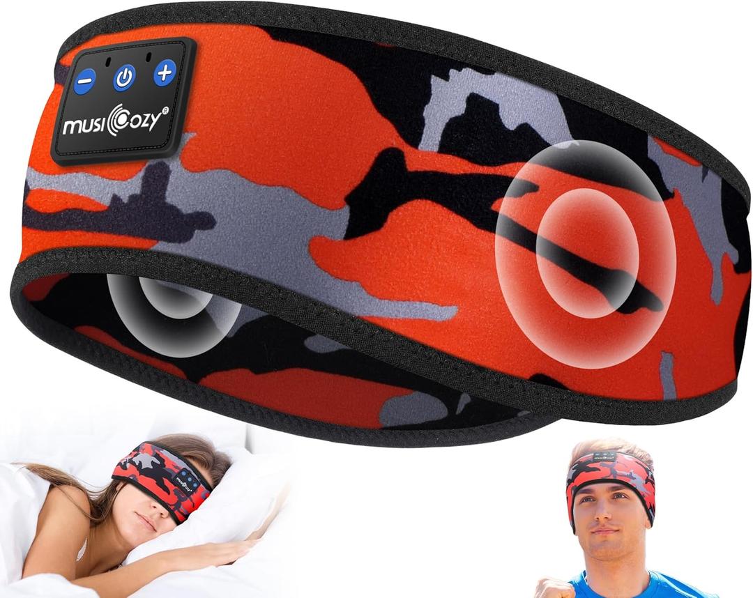 MUSICOZY Sleep Headphones Bluetooth 5.4 Headband, Wireless Earphones Music Sleep Earbuds Sleeping Eye Mask with HD Stereo Speakers for Workout Running Travel Yoga, Ideal Gifts (Black Red)