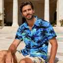 Men's Hawaiian Shirt Short Sleeves Printed Casual Button Down Funky Summer Tropical Holiday Beach Male Shirts (Blue, Large)