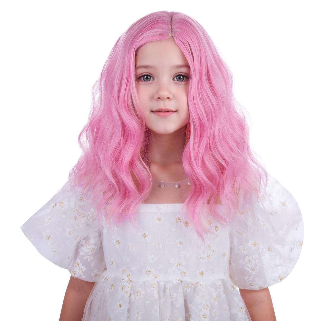 Girls Light Pink Wig Kids Short Pink Wavy Curly Wigs Children Side Part Wig Synthetic Cosplay Hair Wigs