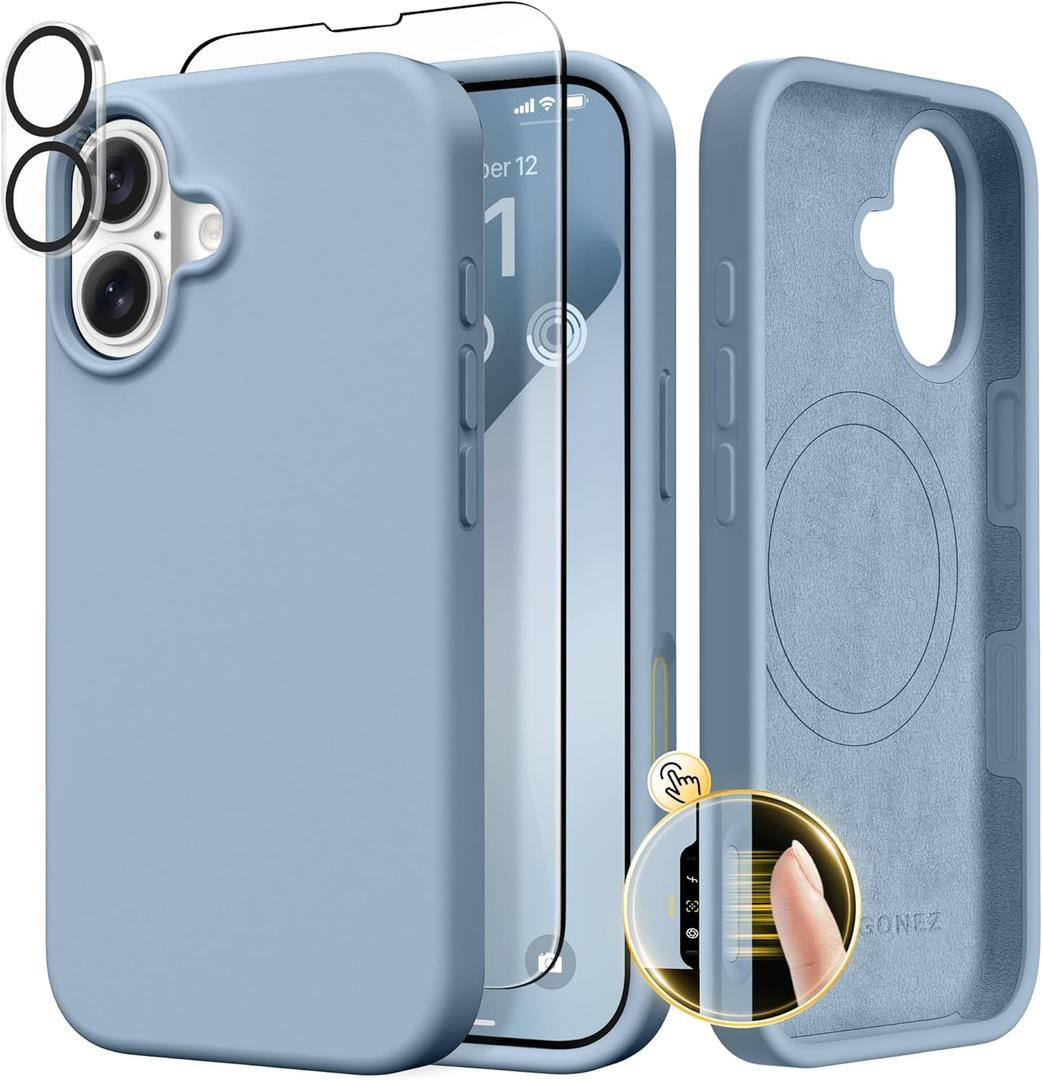 GONEZ Magnetic for iPhone 17 Case, Compatible with MagSafe, [Screen Protector + Camera Lens Protector], Liquid Silicone Anti-Scratch Shockproof Protective Phone Case 6.3 inch, Mist Blue