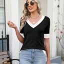 AKEWEI Womens V Neck Sweater Short Sleeve Lightweight Knit Spring Summer Tops with Decorative Buttons (Black, XL)