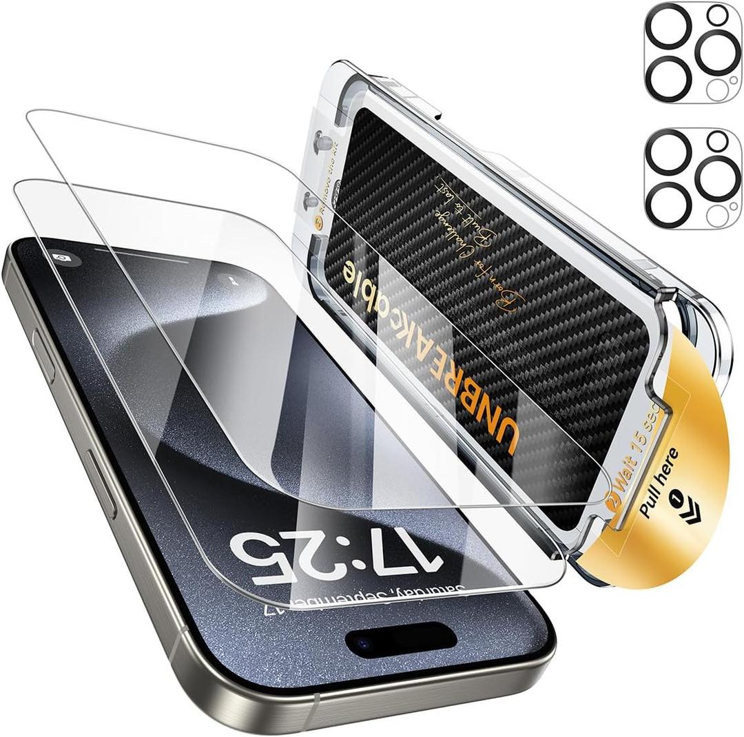 UNBREAKcable Top 9H+ Screen Protector for iPhone 15 Pro & Lens Protector (2+2 Pack),Military-Grade Shatterproof Tempered Glass [99% HD Clear][Easy Install] Bubble-Free & Anti-Fingerprint-6.1"