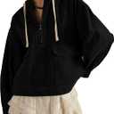 HangNiFang Womens Oversized Hooded Denim Cotton Jacket Cargo Half Zip Pullover Coat with Pockets (Black, S)