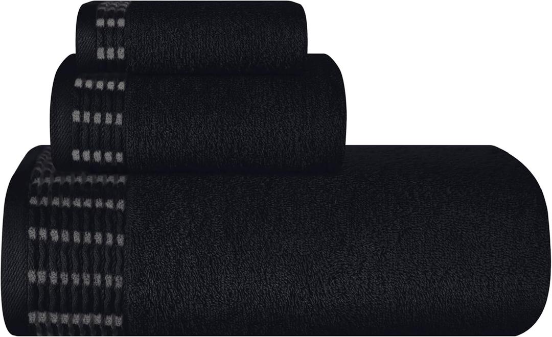 Ultra Soft 3 Pack Cotton Towel Set, Contains a Bath Towels 28x55 inch, a Hand Towels 16x24 inch & a Wash Coths 12x12 inch, Ideal Everyday use, Compact & Lightweight - Black