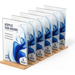 46 inch Acrylic Table Top Sign Holder with Beech Wood Base Double-Sided Menu Display Stand, QR Code Frame, Small Table Sign for Restaurant & Wedding(6pack)