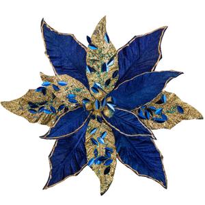 Briful 12'' Large Heads Christmas Glitter Poinsettia Flowers Christmas Tree Ornaments Set of 4 Artificial Flowers with Picks Stems for Xmas Tree Party DIY Holiday Decorations, Dark Blue