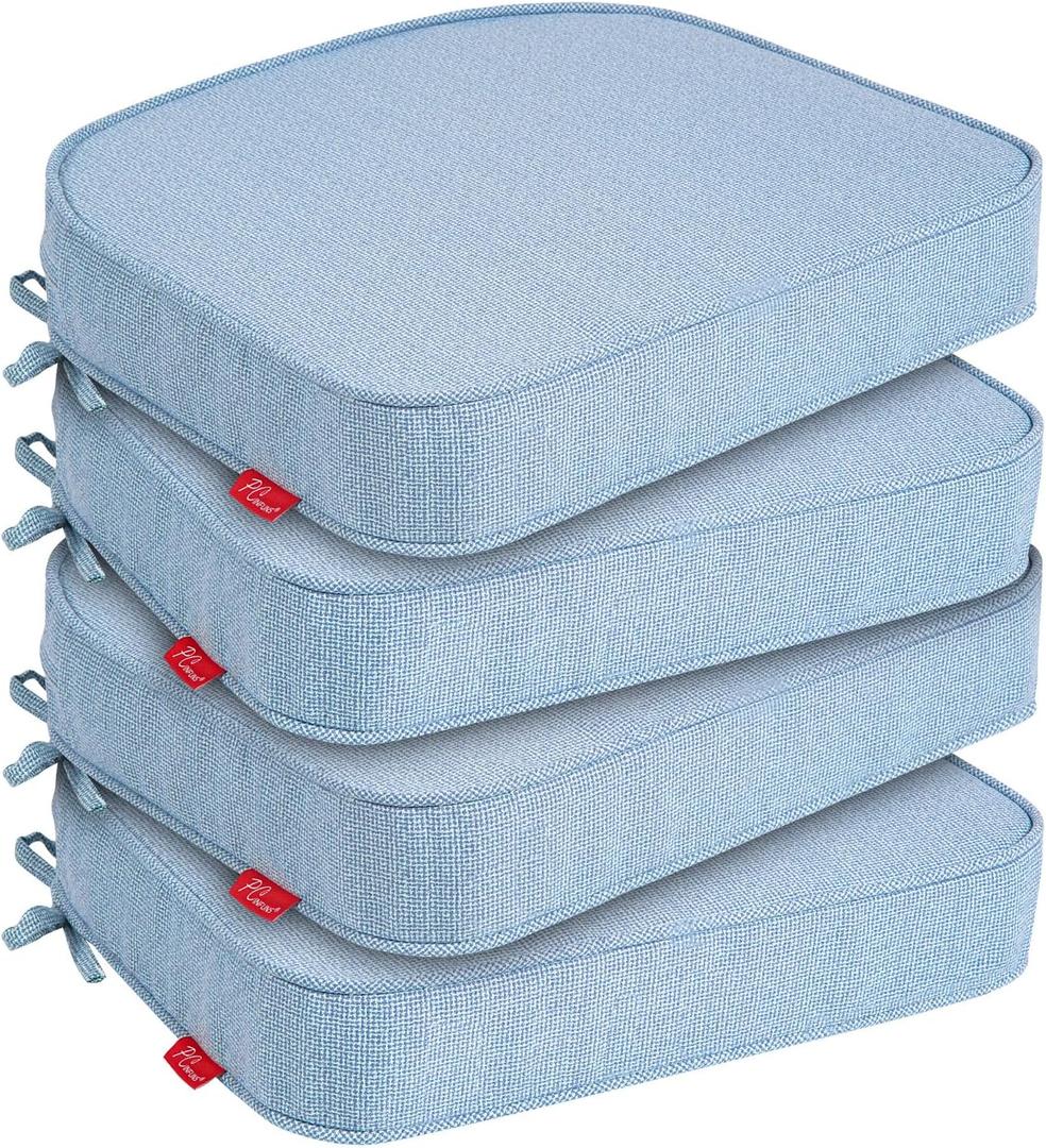 Pcinfuns Outdoor Chair Cushions Set of 4,Thick 19" x 19" x 3" Cushion for Patio Furniture,Round Corner Patio Chair Pads with Ties, Memory Foam Outdoor Seat Cushions,Light Blue