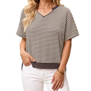 Fisoew Womens Short Sleeve Sweater Summer V Neck Striped Pullover Tops Casual High Low Loose Slit Cropped T Shirts Brown (M)