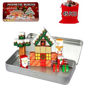 Christmas Magnetic Blocks-45PCS Xmas-Themed Building Blocks for Boys & Girls Aged 3-8 STEM Stacking Toys Games for Kids Toddlers