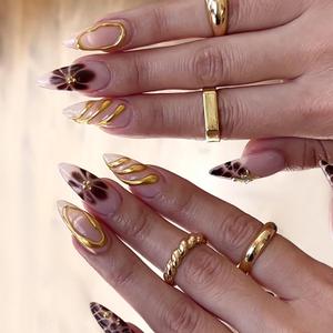 Press on Nails Medium Almond Shape-Glossy Full Cover Acrylic Pointed Almond French False Nails with Floral Designs Artificial Almond Fake Nails with Charms Glue ons Fingernails for Women Girls