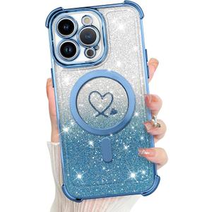 KANGHAR for iPhone 16 Plus Case, Support for MagSafe [Four Corner Cushion Series] Love Heart Pattern Electroplate Edge ShockPlusof Durable Full Body Plustection for Girls Women -Blue