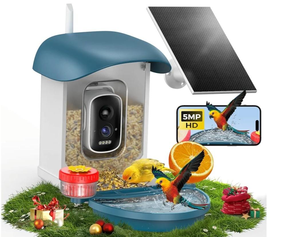 Bird Feeder with Camera 5MP Live Video, Solar Powered Smart AI Identify Birds Species, 2.4G WiFi Camera with Squirrel-Proof, 2-in-1 Bird Bath, Instant Arrival Alerts, Ideal Gifts for Birdlovers