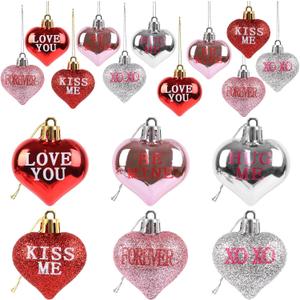 2 x LOAVER 36 Pcs Valentine's Day Heart Shaped Ornaments,Glitter Red Pink Silver Romantic Heart Hanging Baubles with Sweet Love Words for Valentines Tree Home Wedding Party
