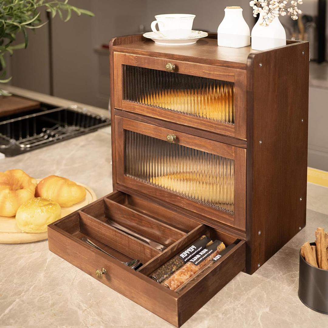 Solid Wood Bread Box for Kitchen Countertop with Drawer, 2-Tier Large Wooden Bread Storage Bin with Cutlery Organizer, Farmhouse Bread Keeper for Homemade Bread, Brown (50 Deli Papers)