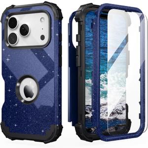 IDweel for iPhone 17 Pro Max Case with Screen Protector for Men, 3 in 1 Shockproof Slim Fit Hybrid Heavy Duty Hard PC Cover Soft Silicone Bumper Full Body Anti-Fingerprint Case, Glitter Blue Black