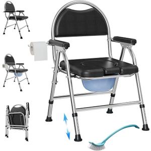 Folding Bedside Commode Chair for Elderly with Adjustable Height, Toilet Seat with Arms Handles and Back Support, Adults Potty Chair with Paper Roll Holder for Seniors, Disabled, and Pregnant (Black)