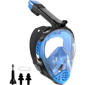 Snorkeling Gear for Adults, Full Face Snorkel Mask, Scuba Diving Mask with Detachable Camera Mount, 180 Degree Panoramic View Anti-Leak Anti-Fog (Small-Medium, Blue)