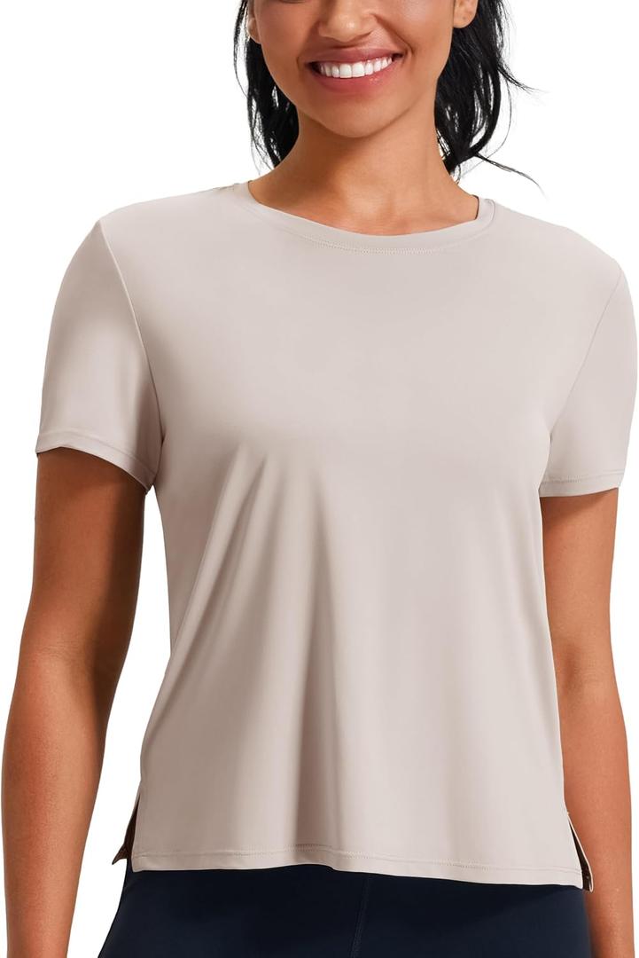 Ice Silk Women's Short Sleeve Workout Shirts Loose Fit Side Slits Athletic Tee Tops (Medium, Birch Heather)